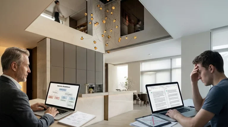 deux hommes, un jeune et un plus vieux, travaillent sur leurs pc à l'aide de l'IA en open sapce