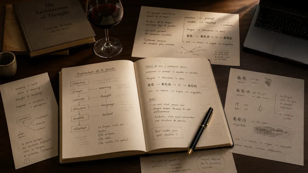 illustration IA de livres écrit dans plein de lanqgues sur un bureau