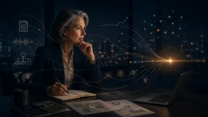 image générée avec l'IA, d'une femme dirigeante d'entreprise qui relie des signaux faibles