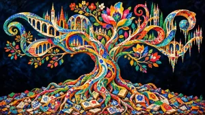Arbre multicolore enraciné dans des fragments de céramique, dont les branches deviennent des arches, des fleurs et des tours.