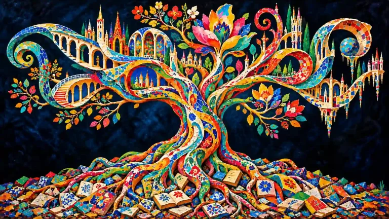 Arbre multicolore enraciné dans des fragments de céramique, dont les branches deviennent des arches, des fleurs et des tours.