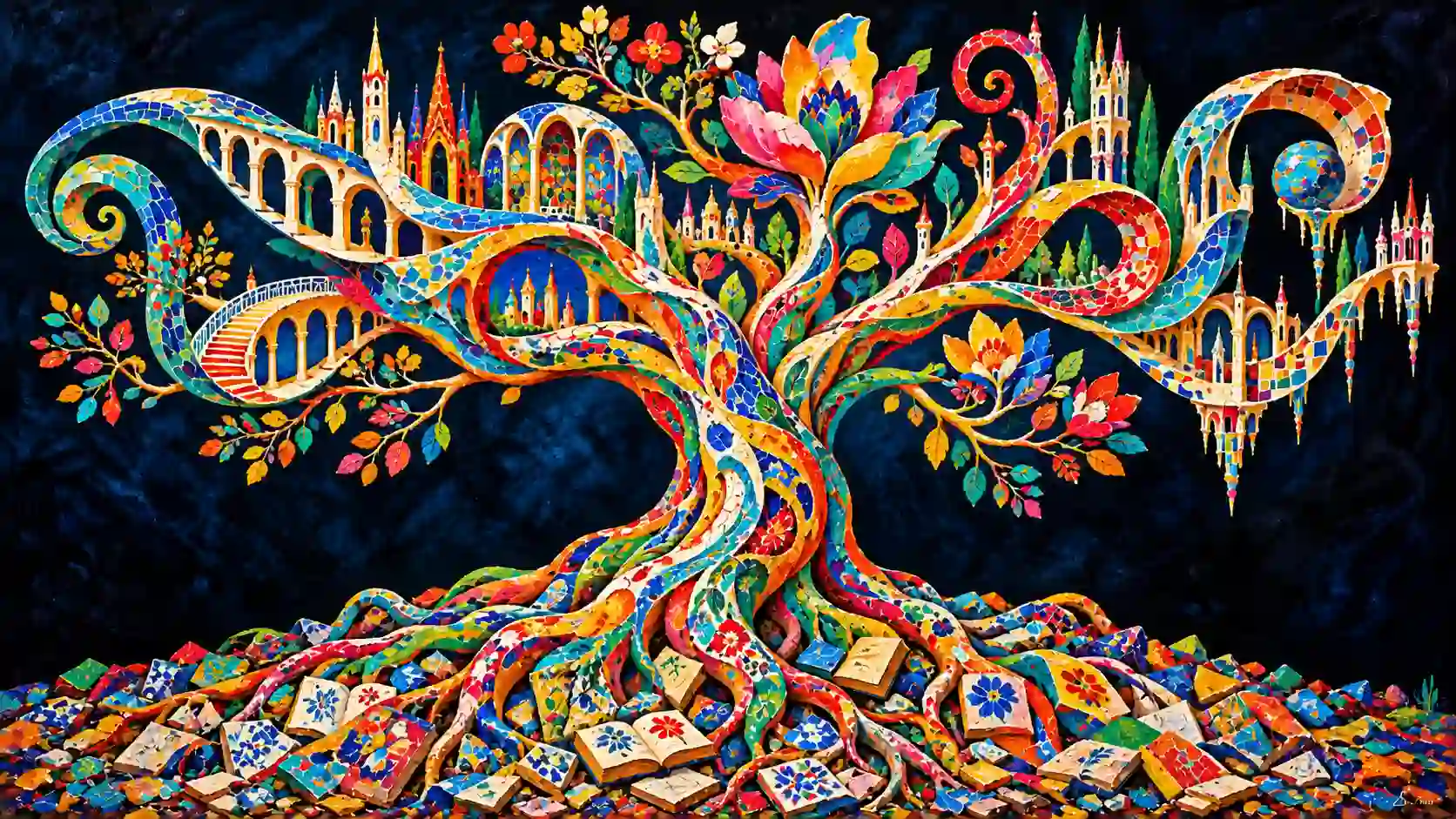 Arbre multicolore enraciné dans des fragments de céramique, dont les branches deviennent des arches, des fleurs et des tours.