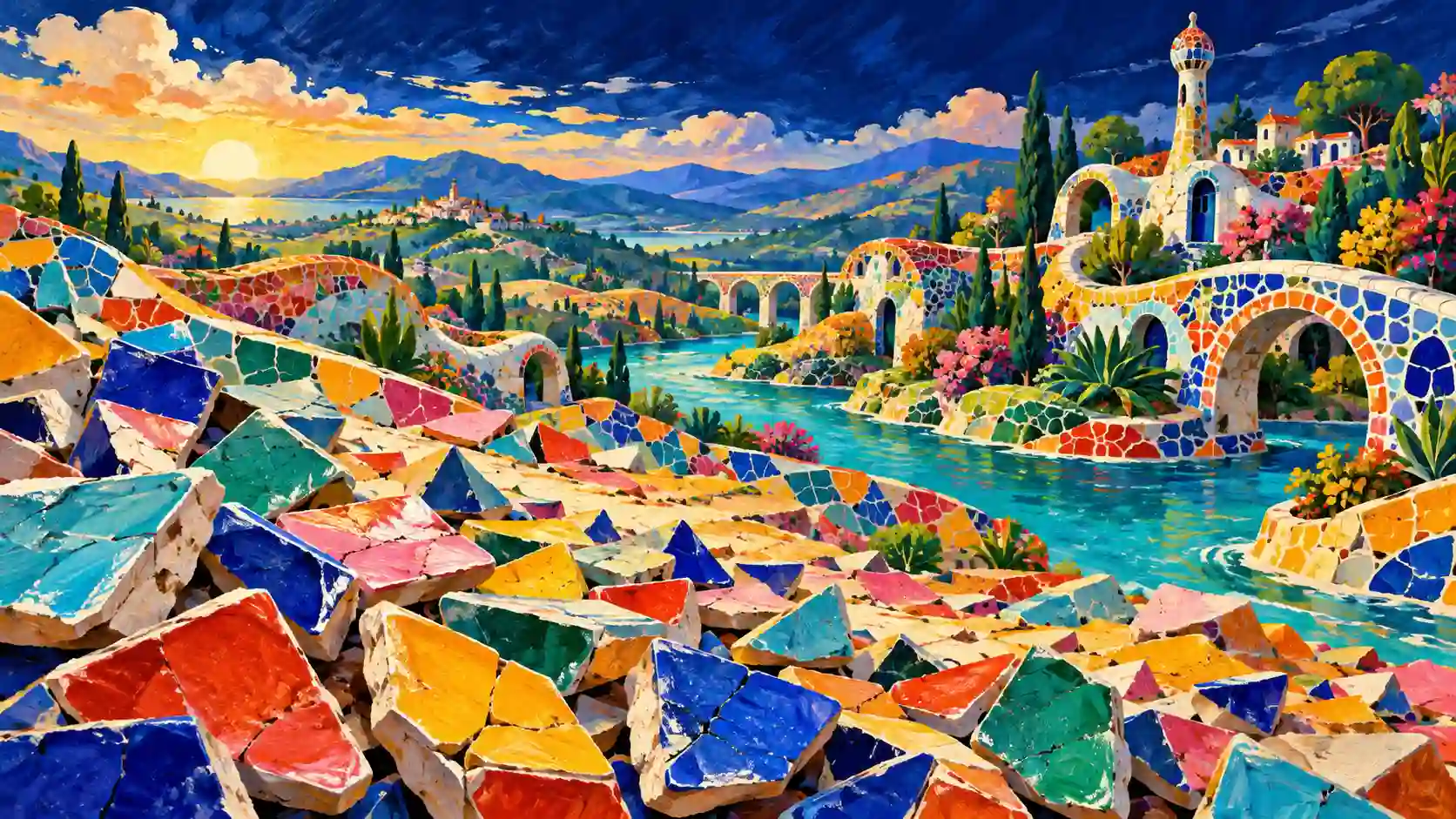Fragments de mosaïque colorée se prolongeant en un paysage de collines, de ponts et de jardins traversé par une rivière.
