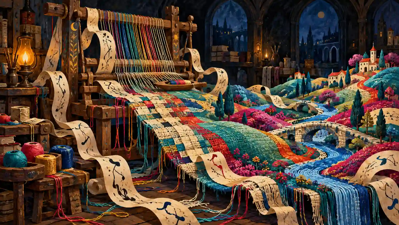 Dans un atelier sombre, un métier à tisser entrelace des fils colorés et des bandes manuscrites pour former un paysage.