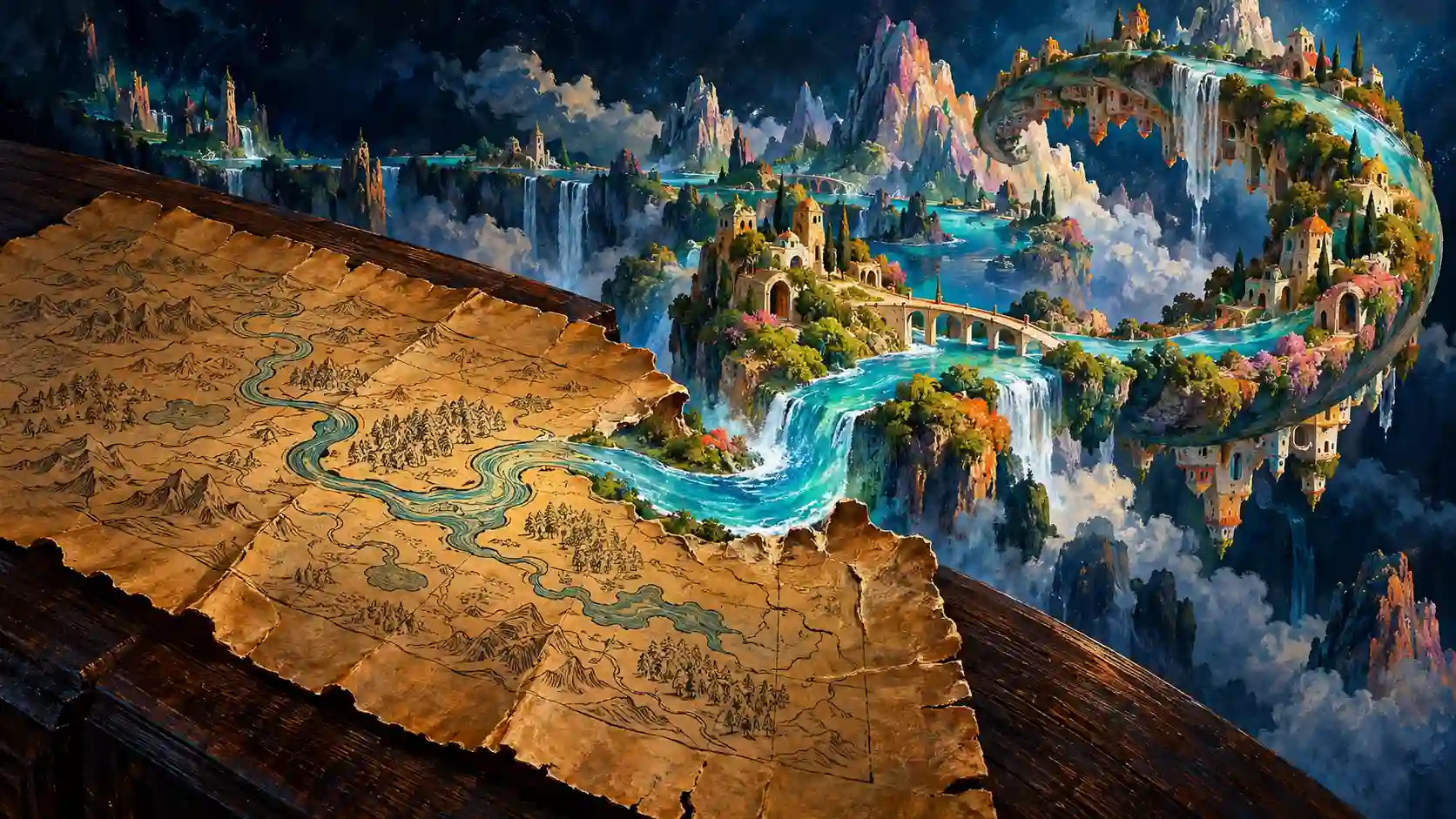 Une rivière s’échappe d’une carte ancienne et devient un paysage en relief, avec des montagnes et des architectures suspendues.